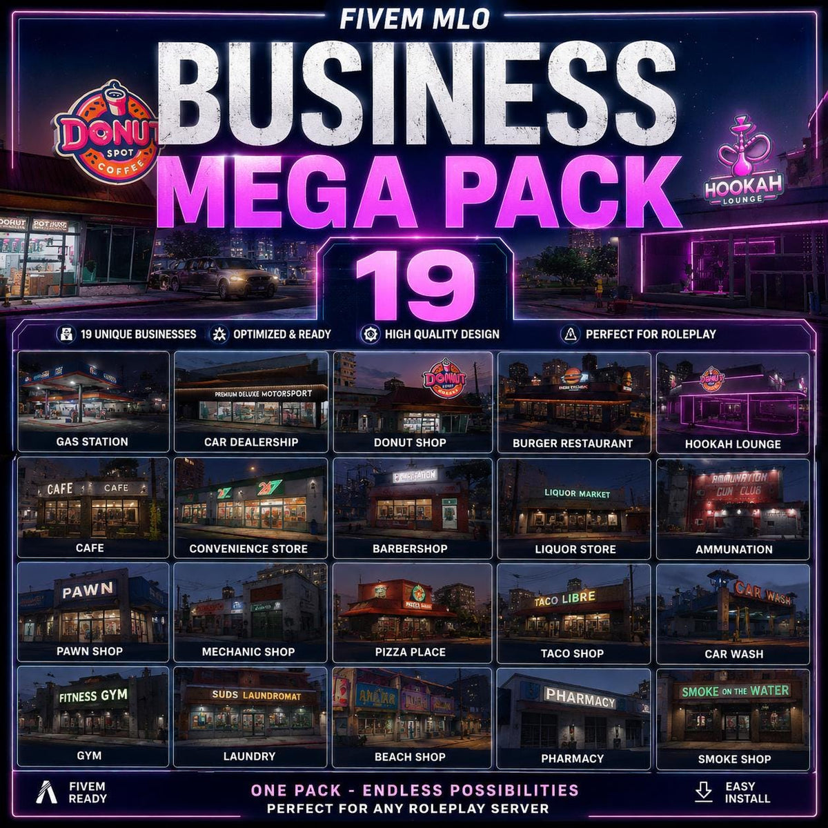 FiveM Business MLO Pack | 19 Premium Stores Bundle | Donut Shop, Hookah Lounge, Car Dealership & More