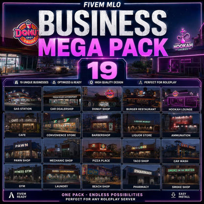 FiveM Business MLO Pack | 19 Premium Stores Bundle | Donut Shop, Hookah Lounge, Car Dealership & More
